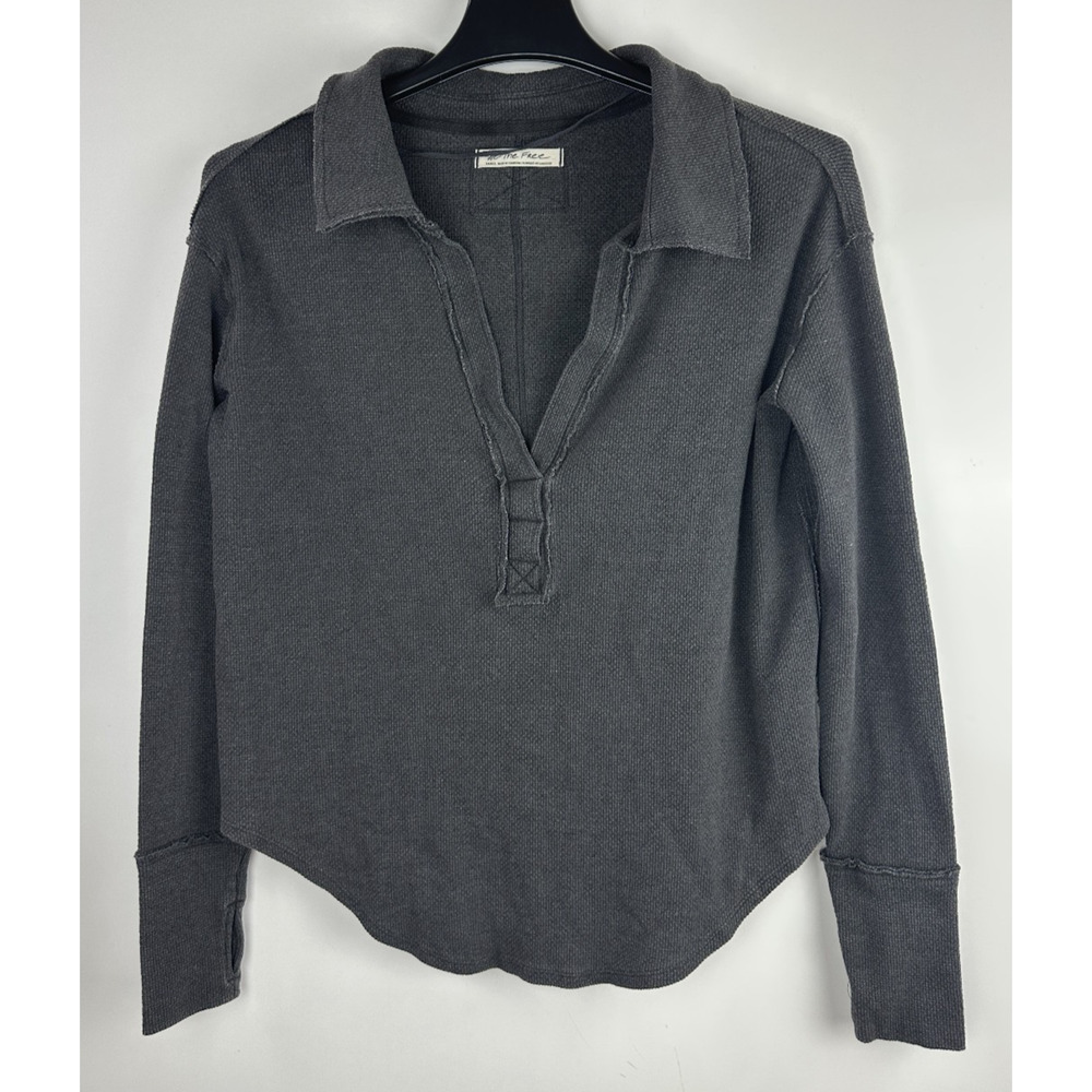 We The Free People Anakin Thermal Top Small Faded Black Slouchy Boho Grunge - Picture 2 of 9